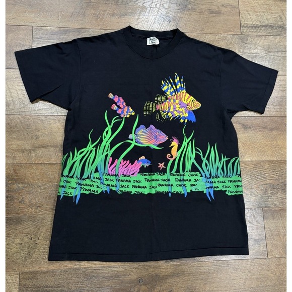 Panama Jack Other - Vintage 80s 90s Panama Jack AOP Neon Fish Tee Made In USA Black XL Single Stitch